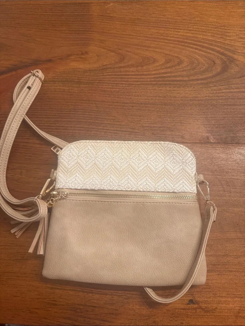Beige Crossbody Bag with Woven Cream Accent and Tassel